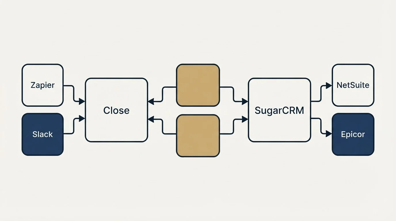 Integration schematic: Integration Ecosystem (Close, SugarCRM, Zapier, NetSuite)
