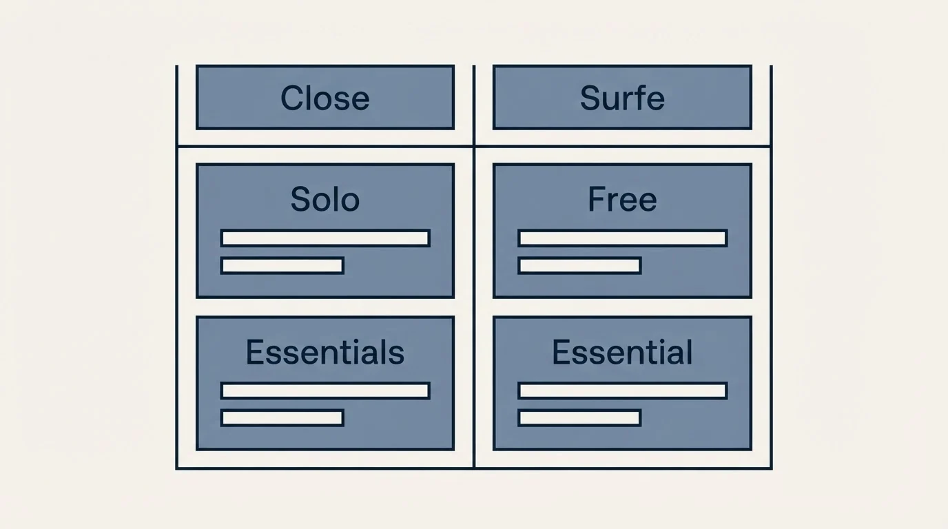 Pricing table: Pricing Comparison (Close, Surfe, Solo, Free)