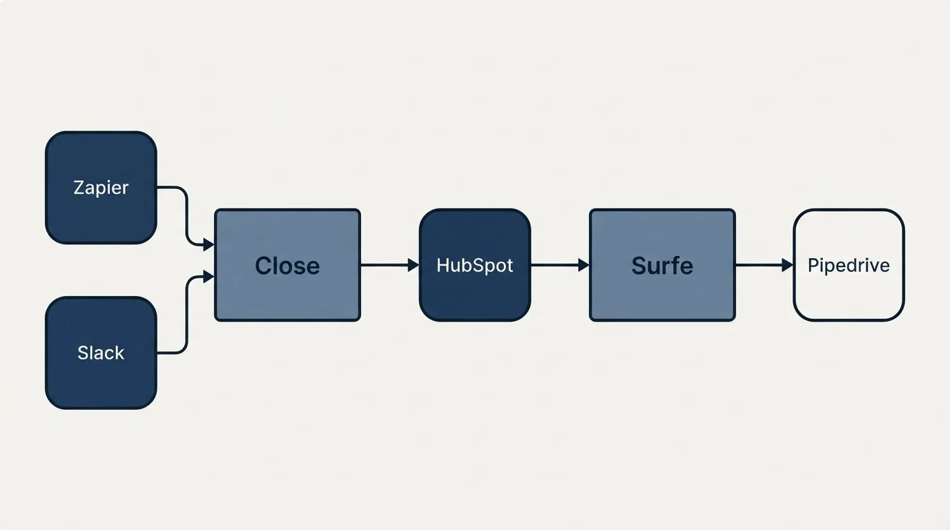 Integration schematic: Integration Ecosystem (Close, Surfe, HubSpot, Zapier)