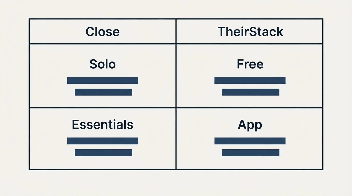 Pricing table: Pricing Comparison (Close, TheirStack, Solo, Free)