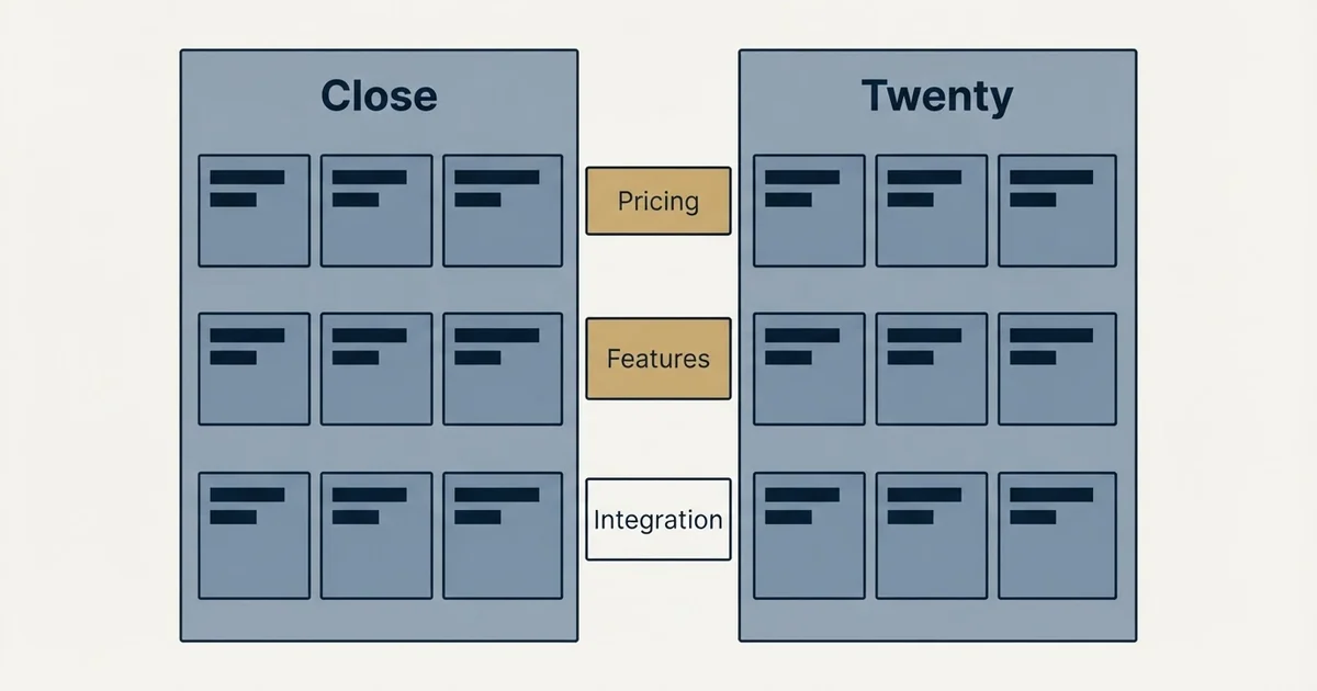 Comparison panel: Close vs Twenty (Pricing, Features, Integration)