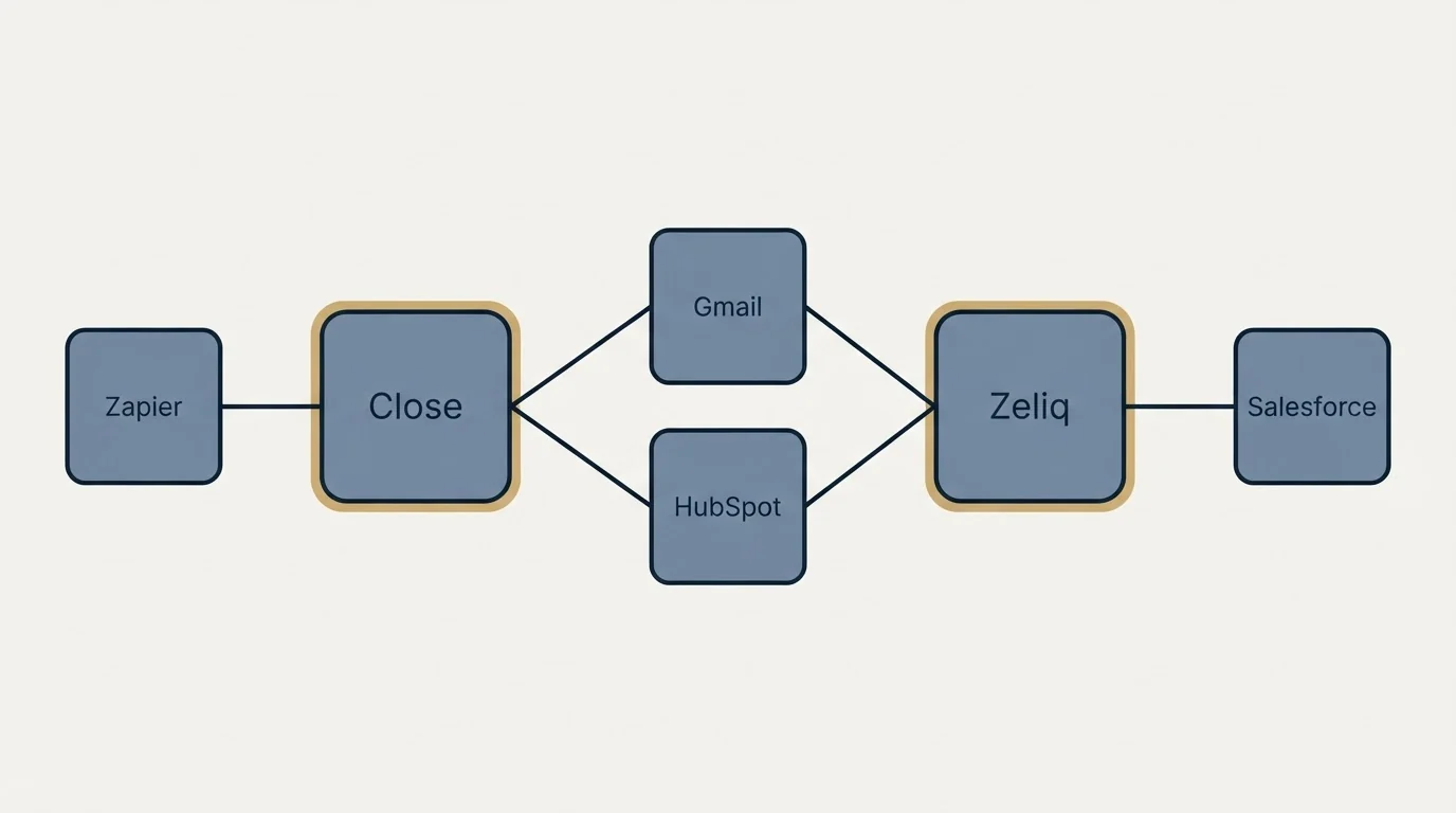 Integration schematic: Integration Ecosystem (Close, Zeliq, Gmail, HubSpot)