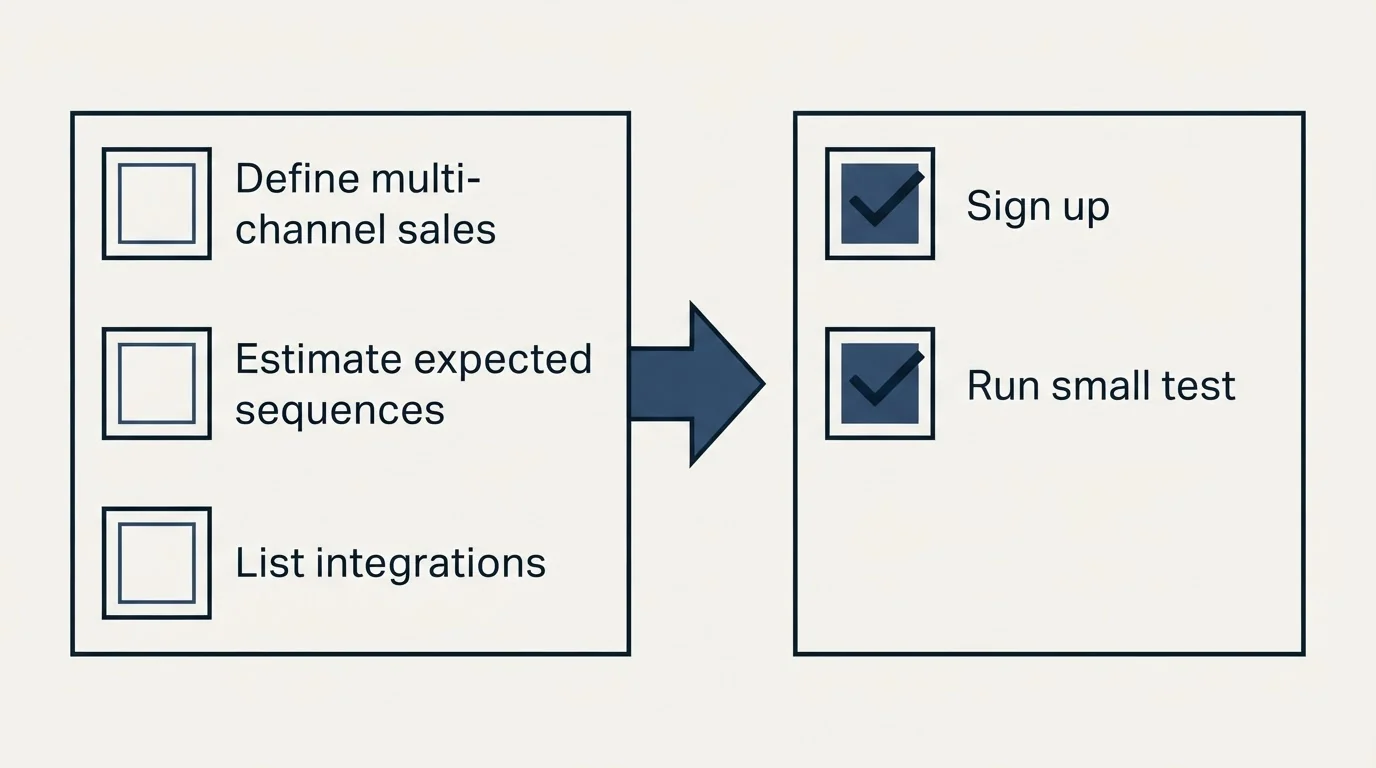 Before-and-after steps: Getting Started Checklist (Define multi-channel sales, Estimate expected sequences, List integrations, Sign up)