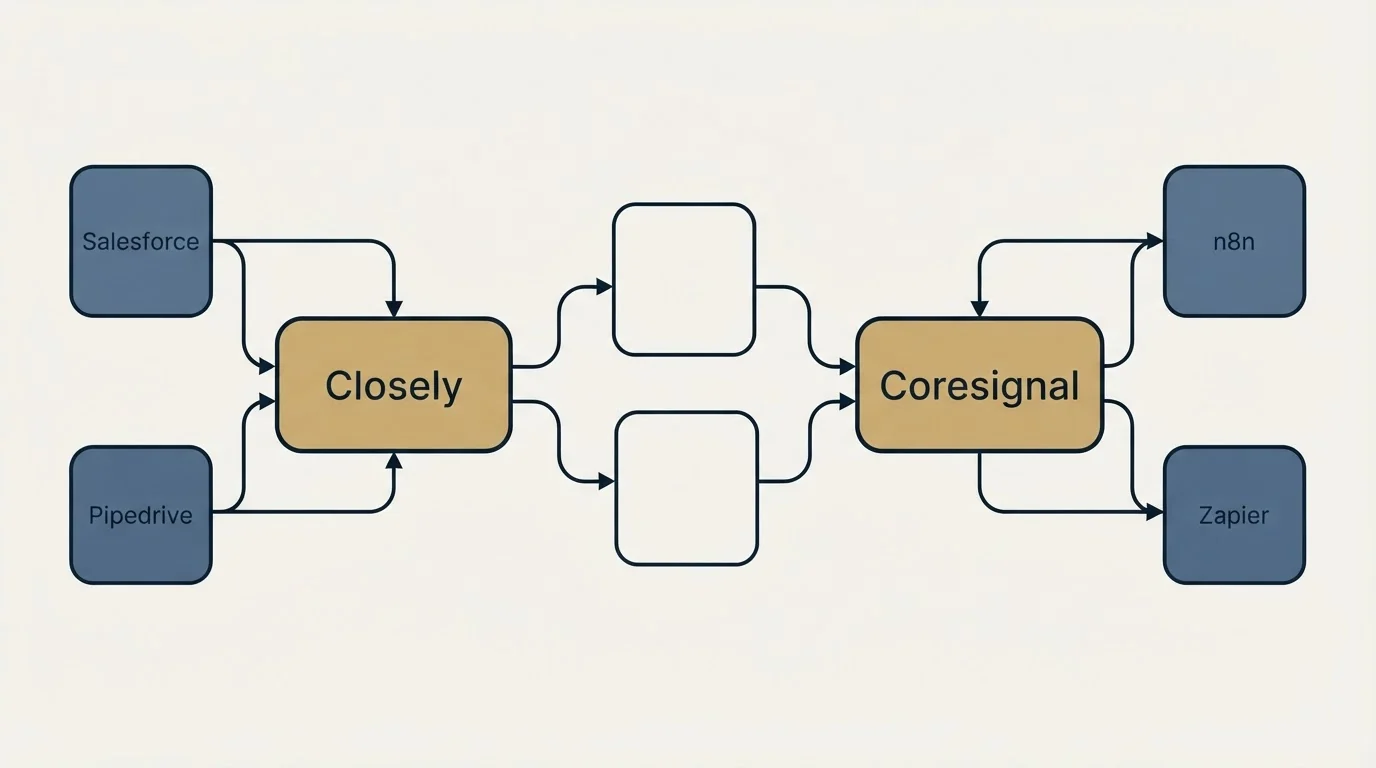 Integration schematic: Integration Ecosystem (Closely, Coresignal, Salesforce, n8n)