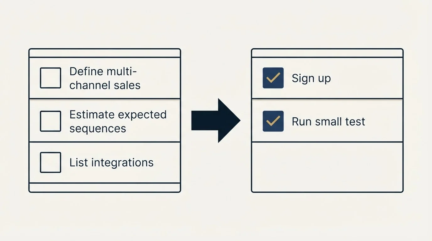 Before-and-after steps: Getting Started Checklist (Define multi-channel sales, Estimate expected sequences, List integrations, Sign up)