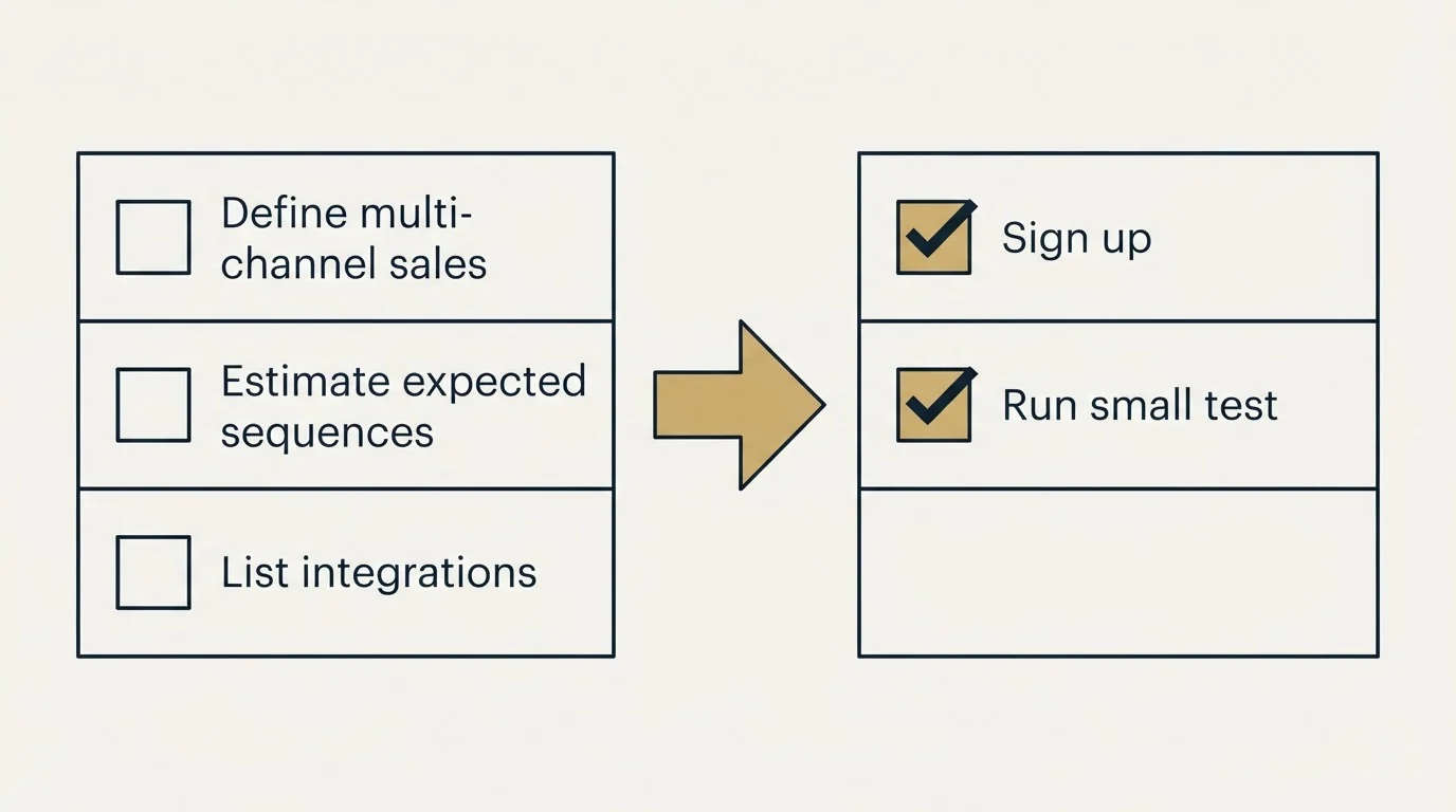 Before-and-after steps: Getting Started Checklist (Define multi-channel sales, Estimate expected sequences, List integrations, Sign up)