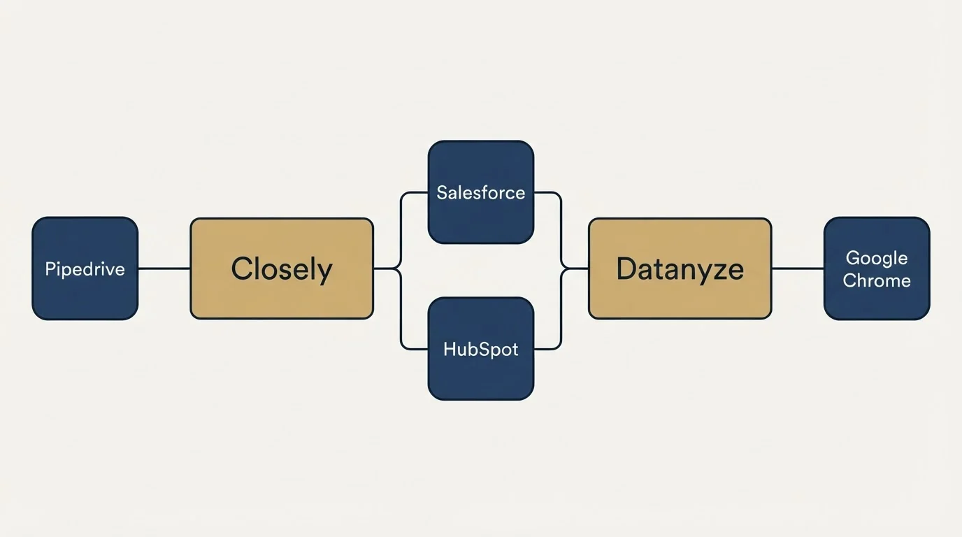 Integration flow: Integration Ecosystem (Closely, Datanyze, Salesforce, HubSpot)