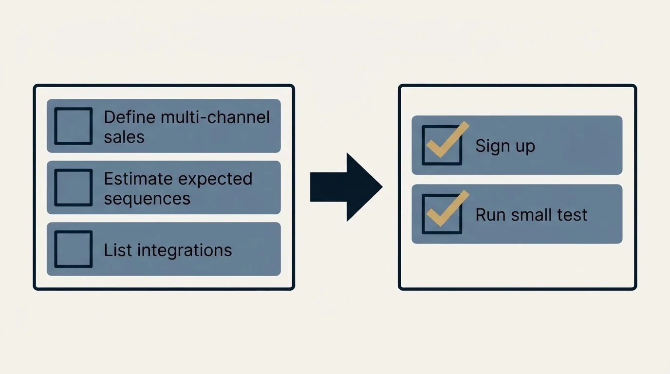 Before-and-after steps: Getting Started Checklist (Define multi-channel sales, Estimate expected sequences, List integrations, Sign up)