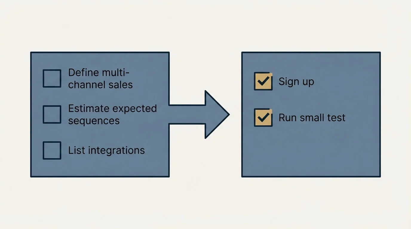 Before-and-after steps: Getting Started Checklist (Define multi-channel sales, Estimate expected sequences, List integrations, Sign up)