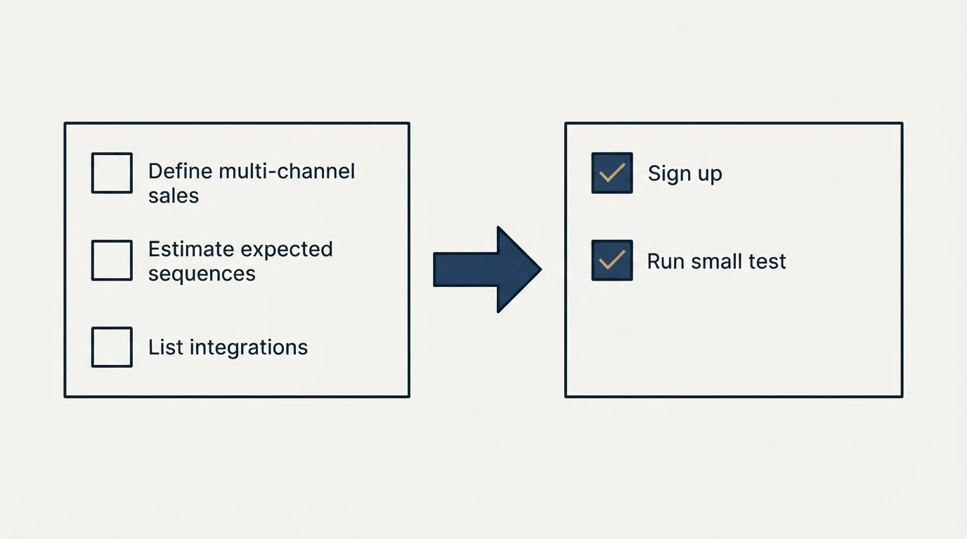 Before-and-after steps: Getting Started Checklist (Define multi-channel sales, Estimate expected sequences, List integrations, Sign up)