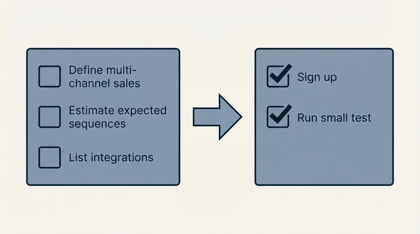 Before-and-after steps: Getting Started Checklist (Define multi-channel sales, Estimate expected sequences, List integrations, Sign up)