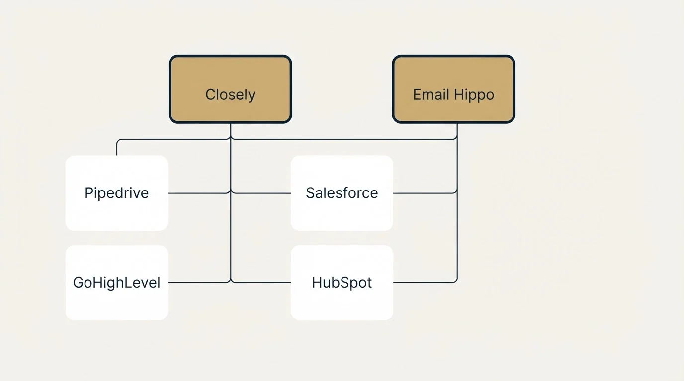 Integration grid: Integration Ecosystem (Closely, Email Hippo, Salesforce, HubSpot)