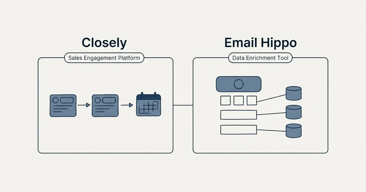 Side-by-side panels: Closely vs Email Hippo (Sales Engagement Platform, Data Enrichment Tool)