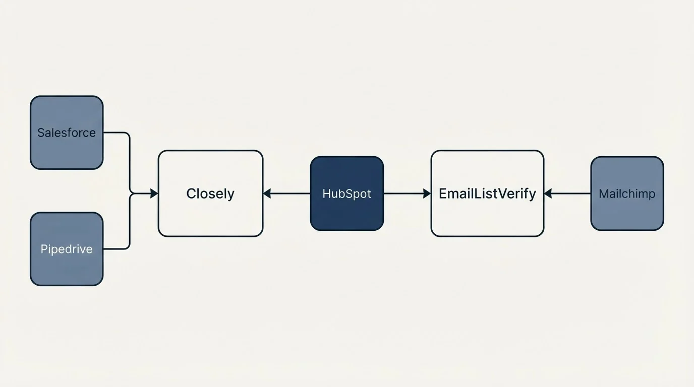 Integration flow: Integration Ecosystem (Closely, EmailListVerify, HubSpot, Salesforce)