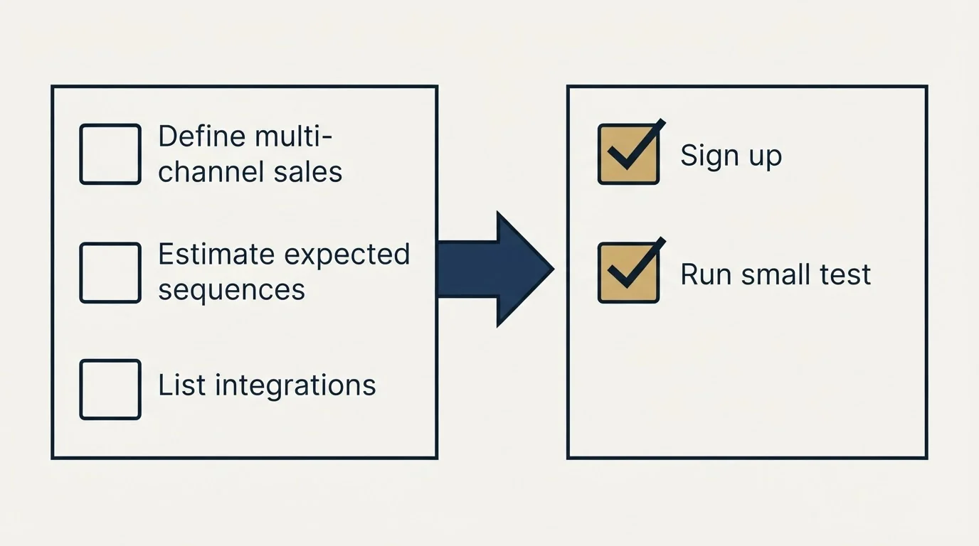 Before-and-after steps: Getting Started Checklist (Define multi-channel sales, Estimate expected sequences, List integrations, Sign up)