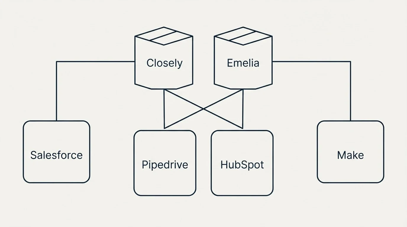 Integration grid: Integration Ecosystem (Closely, Emelia, Pipedrive, HubSpot)