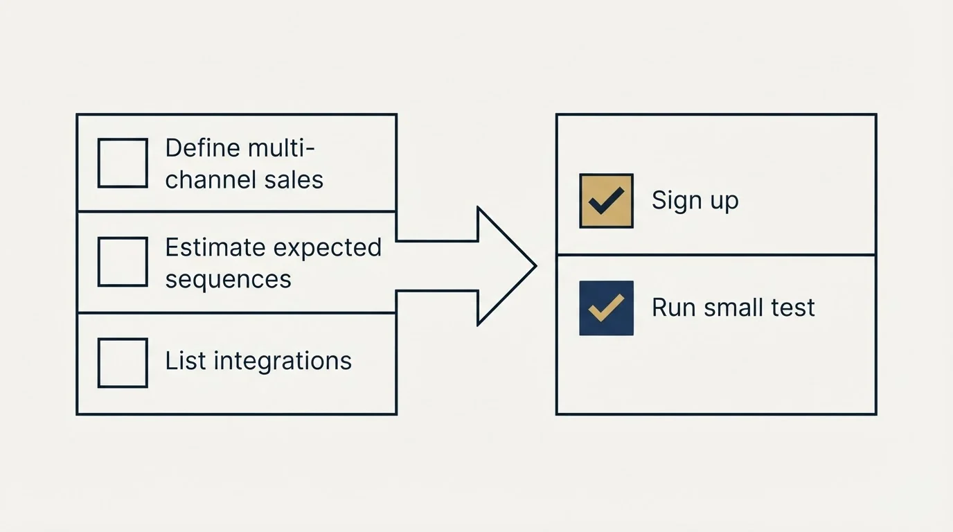 Before-and-after steps: Getting Started Checklist (Define multi-channel sales, Estimate expected sequences, List integrations, Sign up)