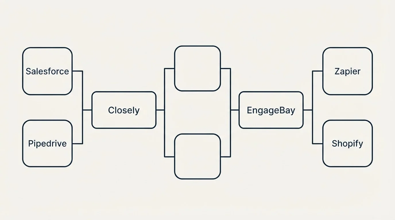 Integration flow: Integration Ecosystem (Closely, EngageBay, Salesforce, Zapier)