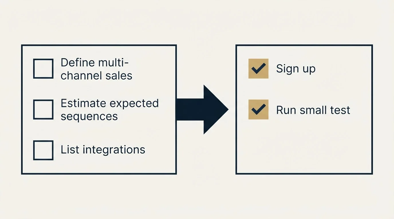 Before-and-after steps: Getting Started Checklist (Define multi-channel sales, Estimate expected sequences, List integrations, Sign up)