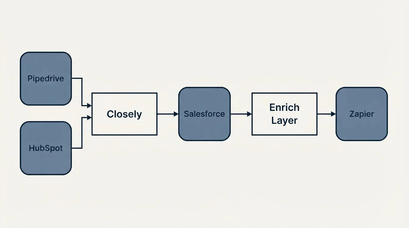 Integration schematic: Integration Ecosystem (Closely, Enrich Layer, Salesforce, Pipedrive)