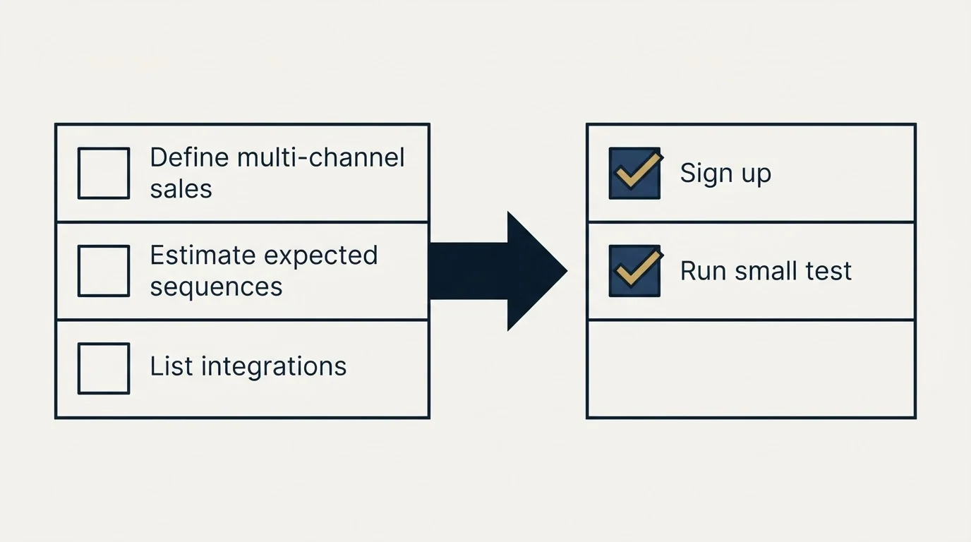 Before-and-after steps: Getting Started Checklist (Define multi-channel sales, Estimate expected sequences, List integrations, Sign up)