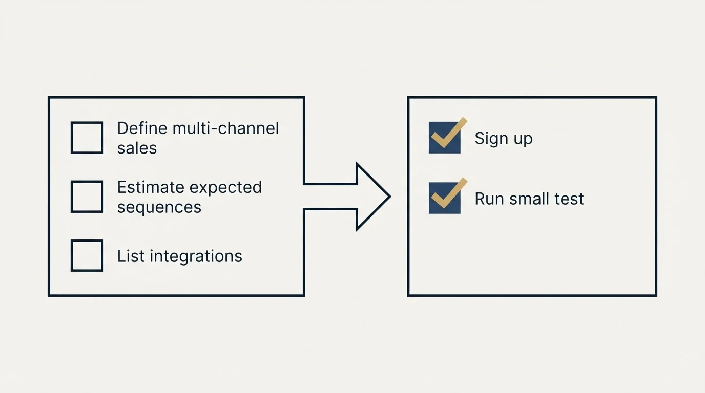 Before-and-after steps: Getting Started Checklist (Define multi-channel sales, Estimate expected sequences, List integrations, Sign up)