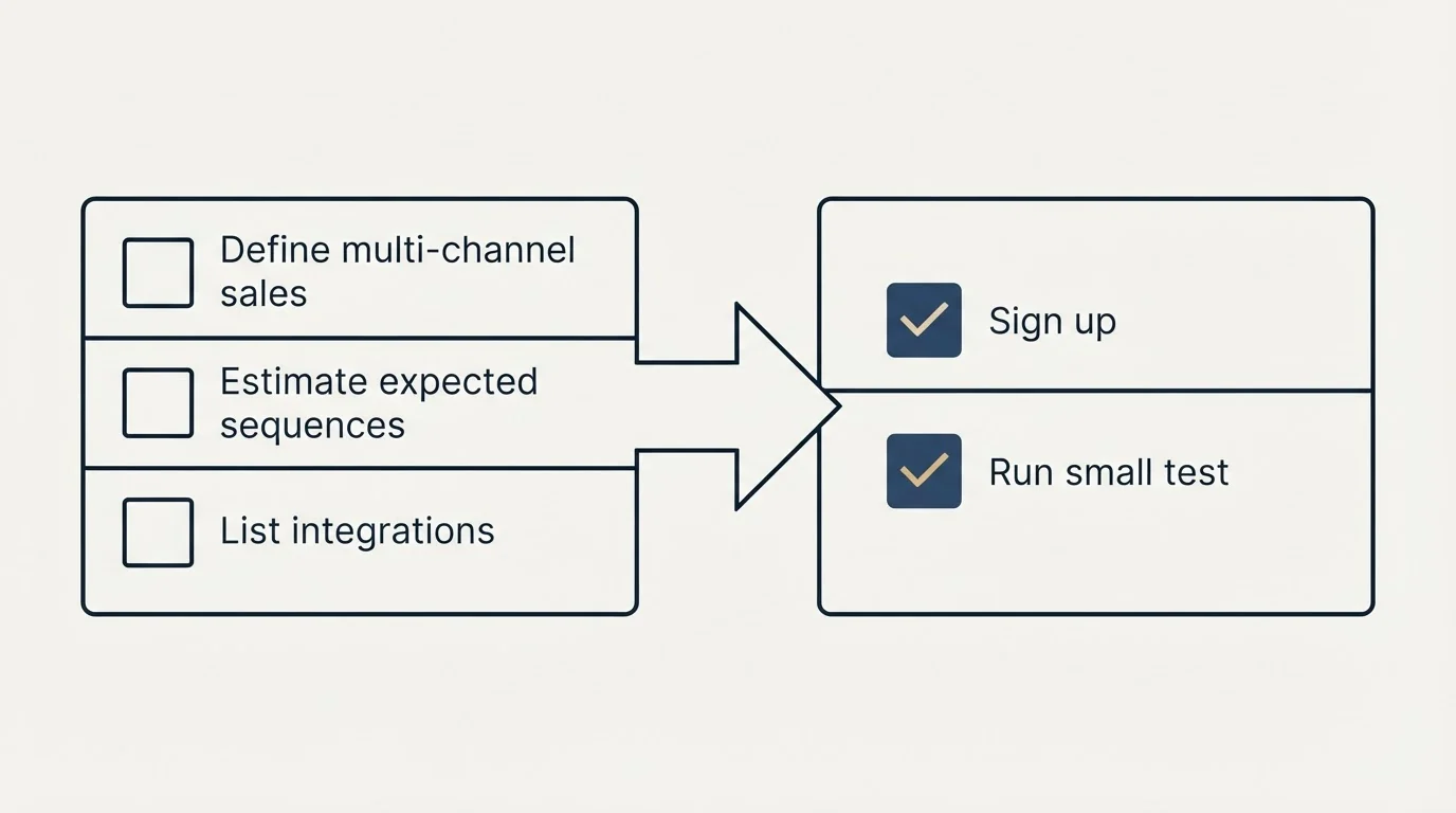 Before-and-after steps: Getting Started Checklist (Define multi-channel sales, Estimate expected sequences, List integrations, Sign up)