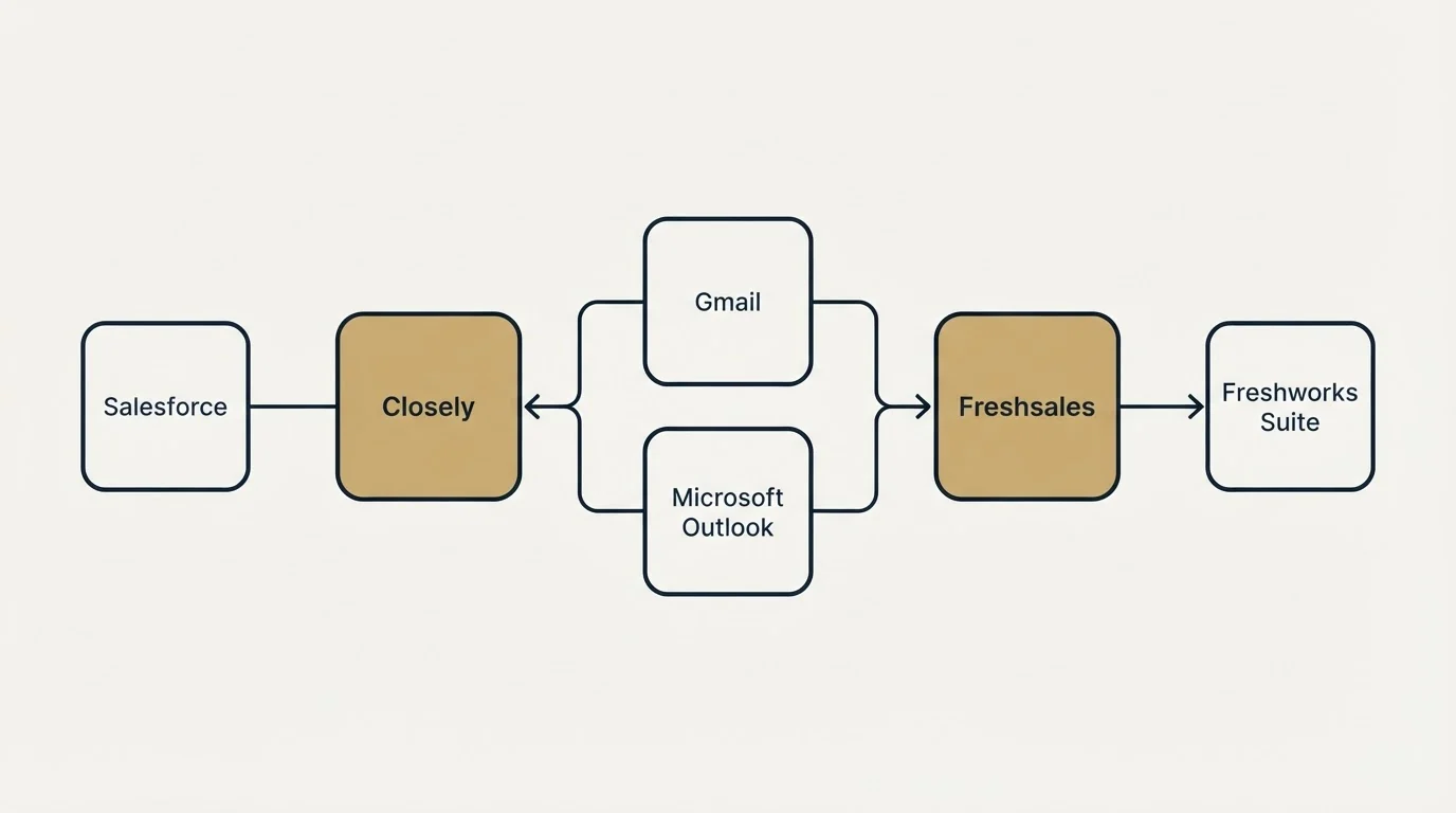 Integration schematic: Integration Ecosystem (Closely, Freshsales, Gmail, Microsoft Outlook)