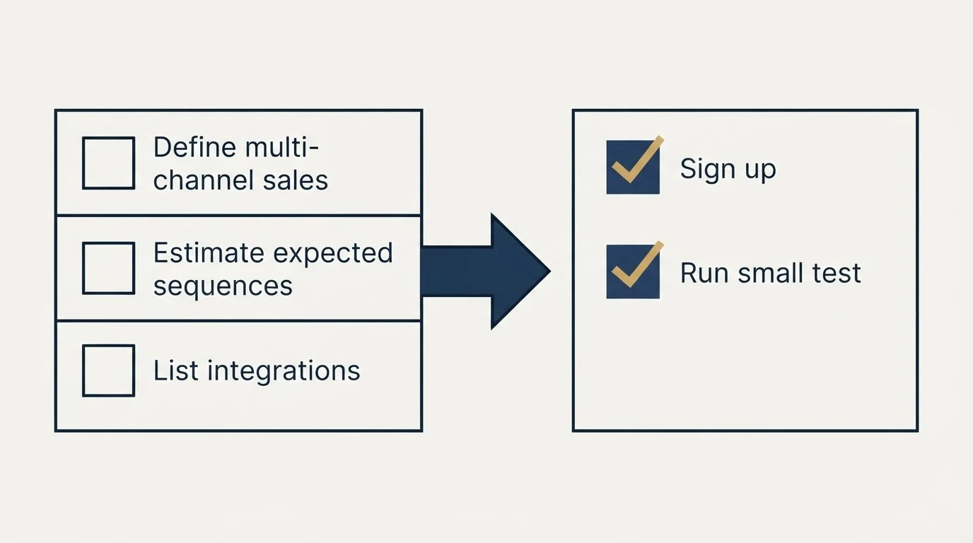 Before-and-after steps: Getting Started Checklist (Define multi-channel sales, Estimate expected sequences, List integrations, Sign up)