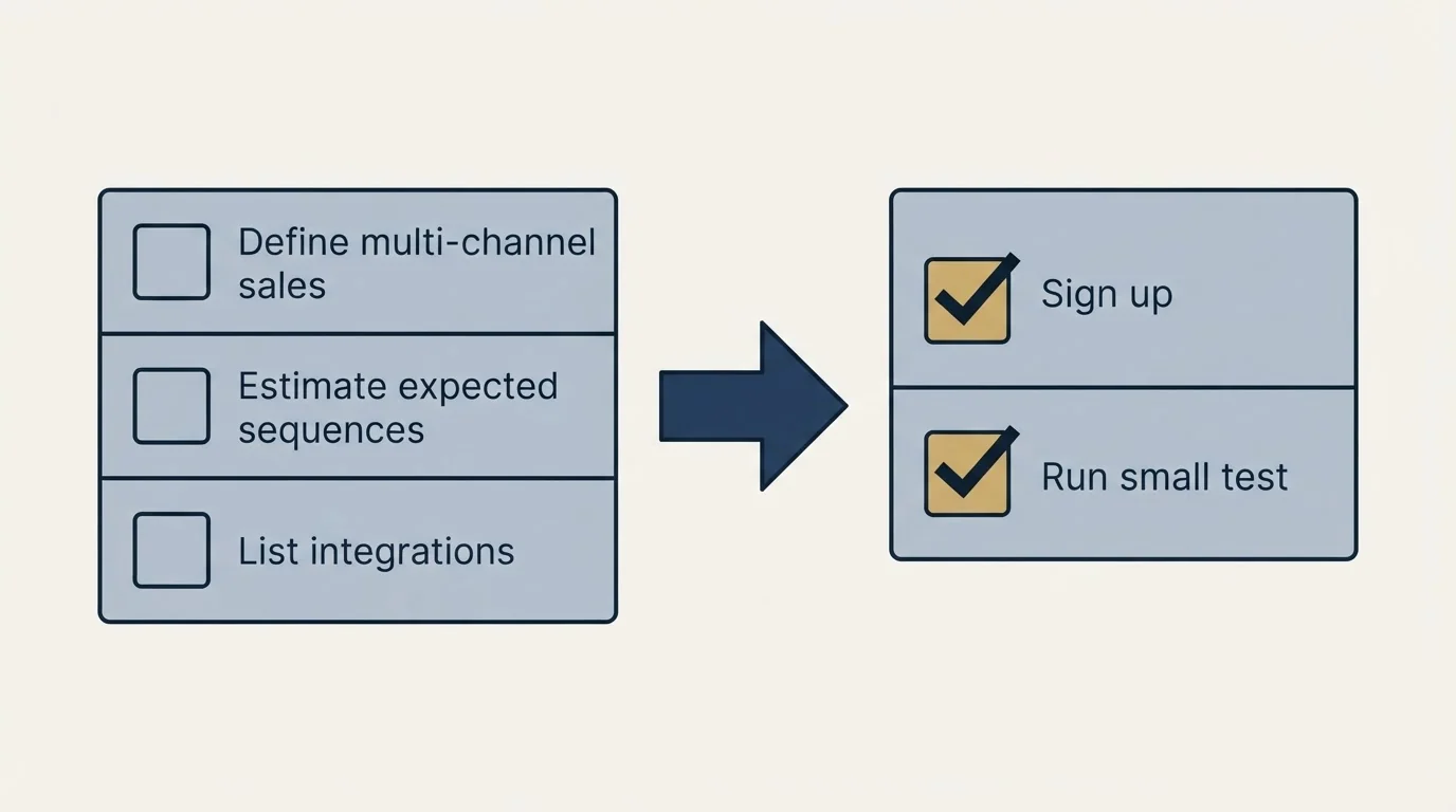 Before-and-after steps: Getting Started Checklist (Define multi-channel sales, Estimate expected sequences, List integrations, Sign up)
