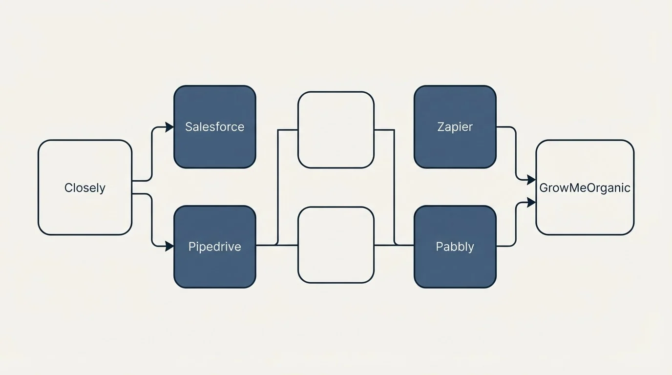 Integration flow: Integration Ecosystem (Closely, GrowMeOrganic, Salesforce, Zapier)