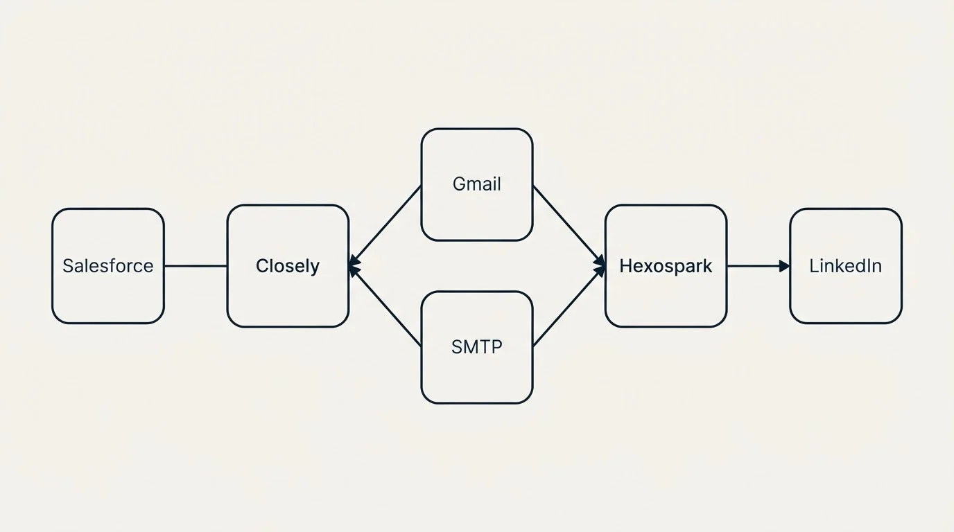 Integration schematic: Integration Ecosystem (Closely, Hexospark, Gmail, SMTP)