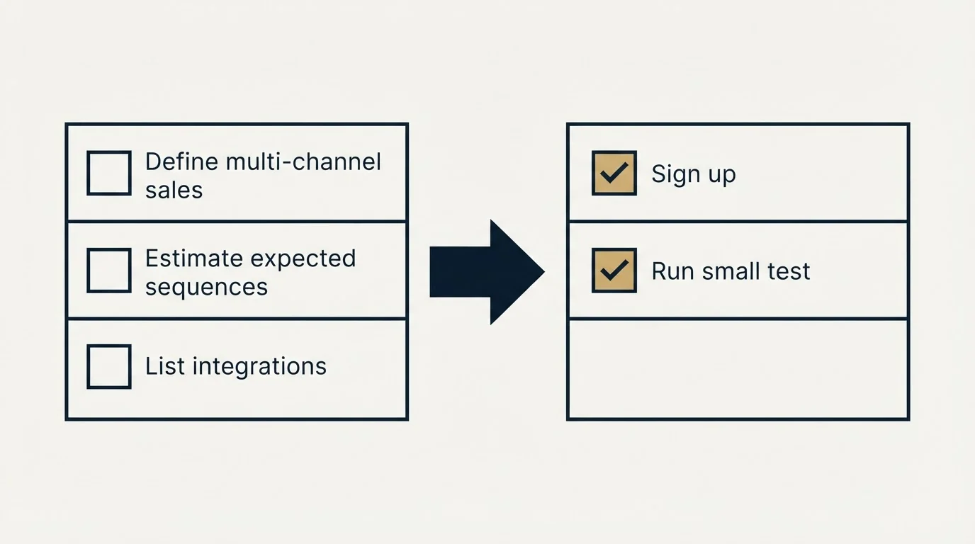 Before-and-after steps: Getting Started Checklist (Define multi-channel sales, Estimate expected sequences, List integrations, Sign up)