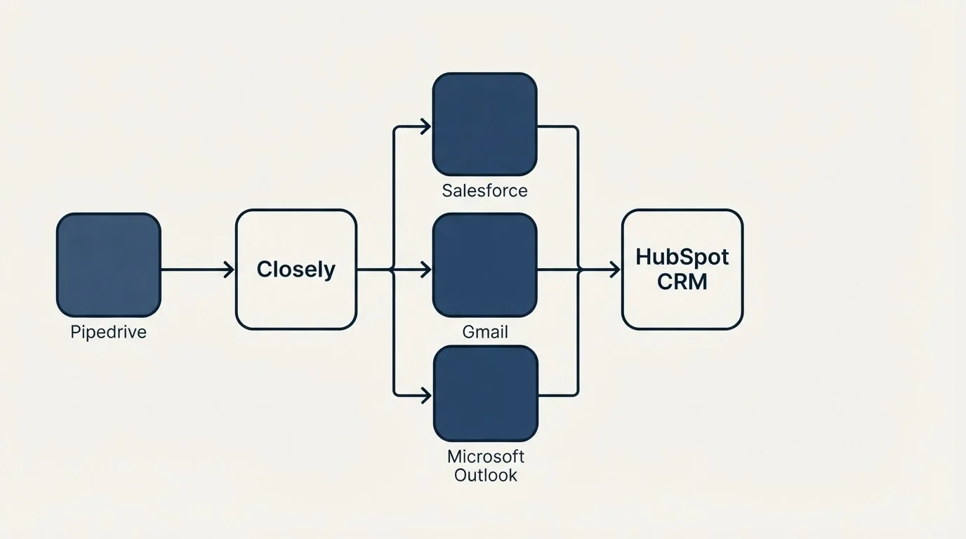 Integration flow: Integration Ecosystem (Closely, HubSpot CRM, Salesforce, Gmail)