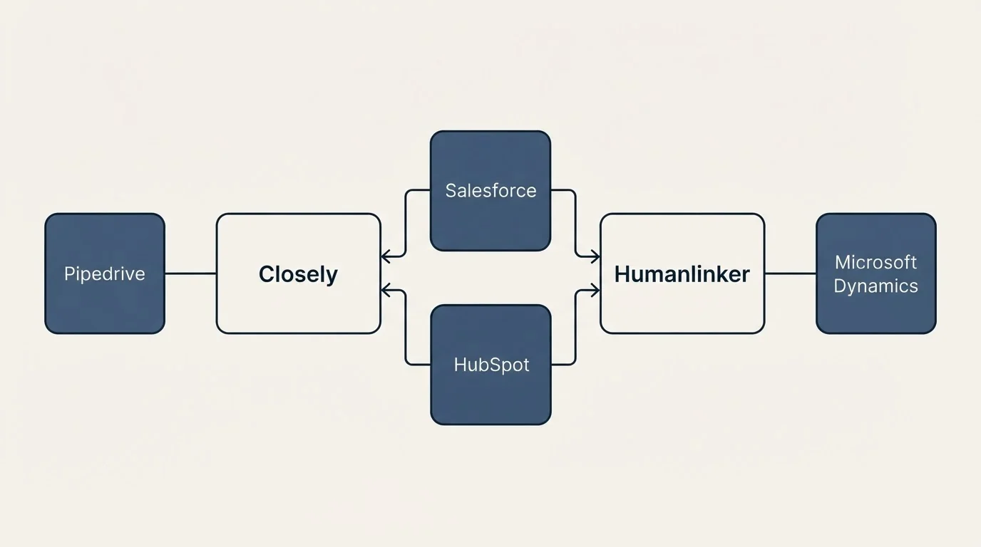 Integration flow: Integration Ecosystem (Closely, Humanlinker, Salesforce, HubSpot)