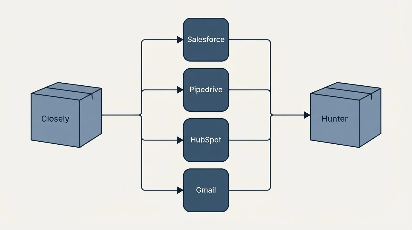 Integration flow: Integration Ecosystem (Closely, Hunter, Salesforce, Pipedrive)