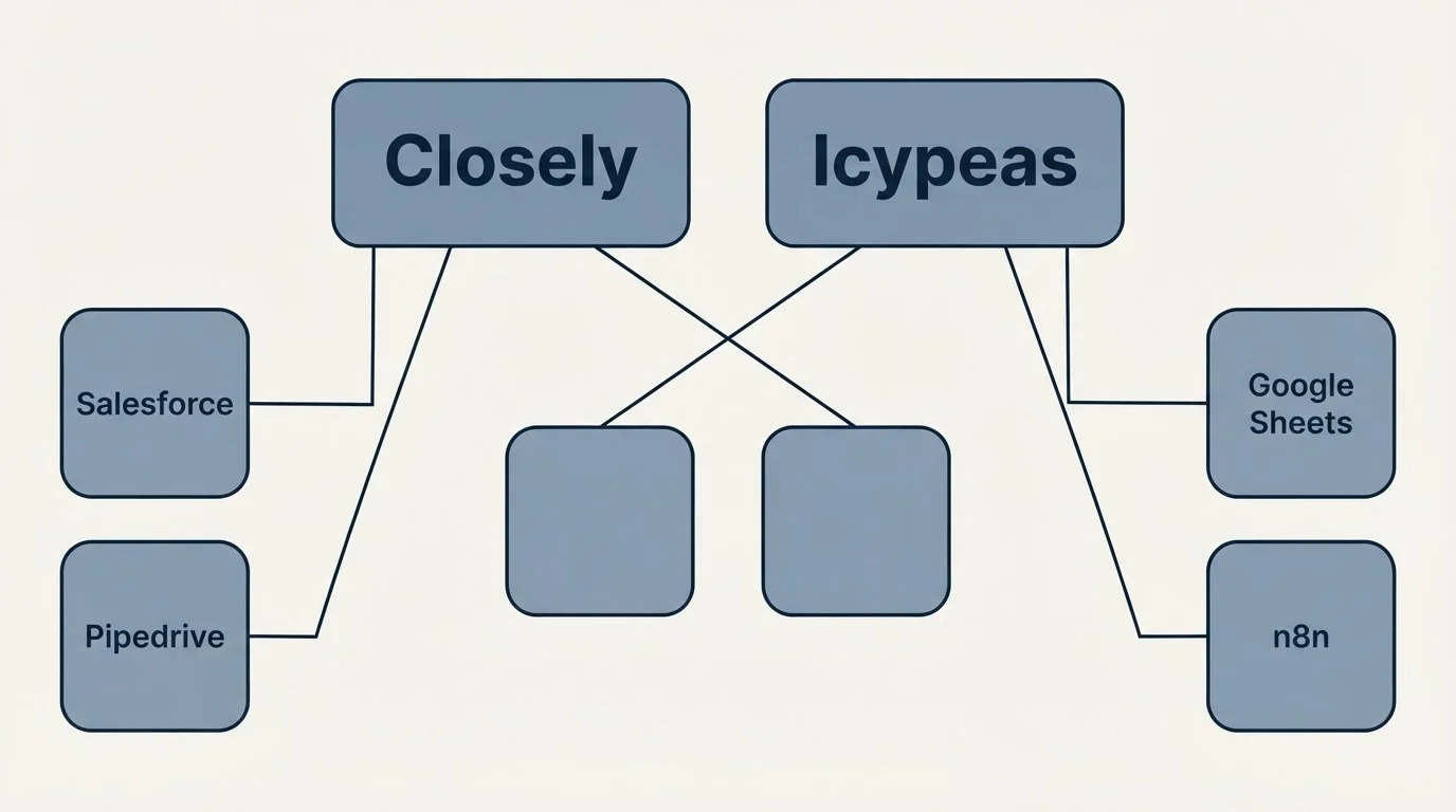 Integration grid: Integration Ecosystem (Closely, Icypeas, Salesforce, Google Sheets)