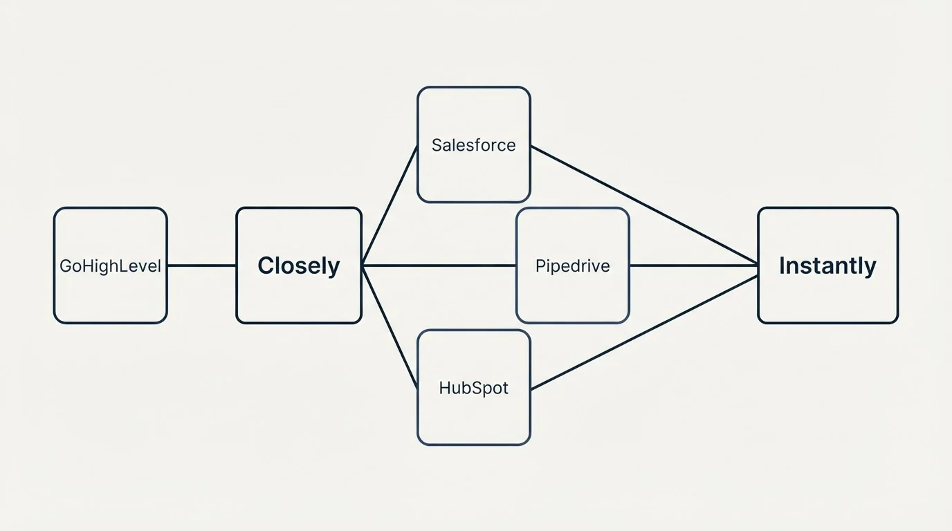 Integration schematic: Integration Ecosystem (Closely, Instantly, Salesforce, Pipedrive)