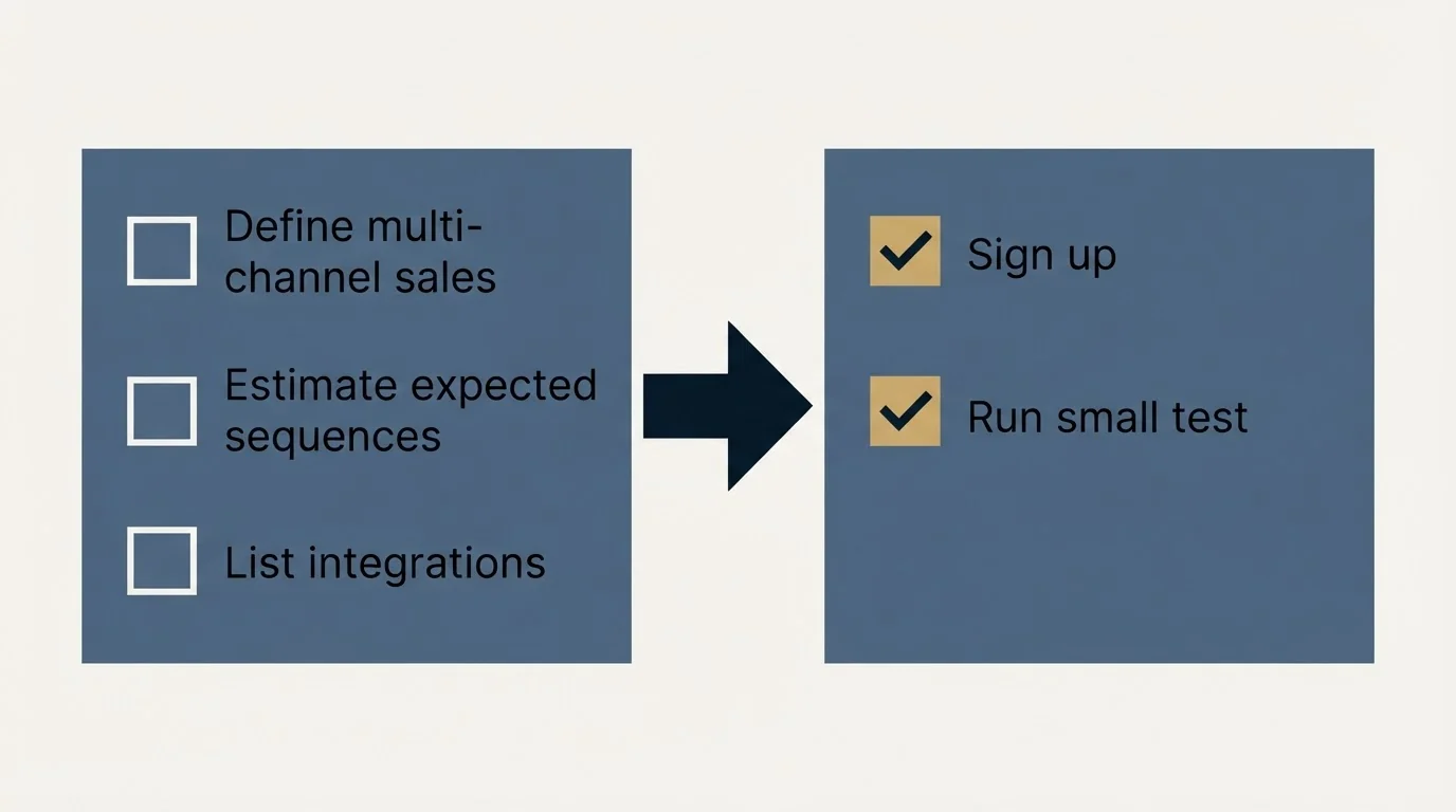 Before-and-after steps: Getting Started Checklist (Define multi-channel sales, Estimate expected sequences, List integrations, Sign up)