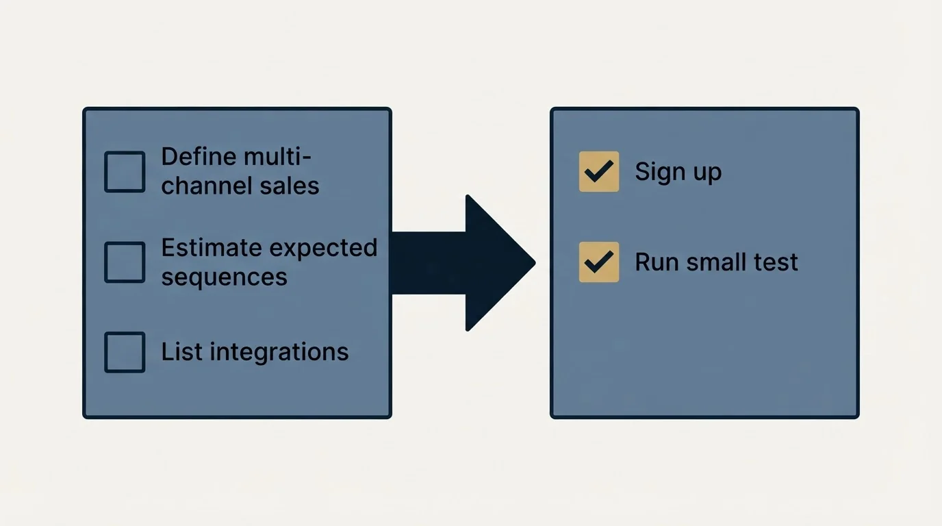 Before-and-after steps: Getting Started Checklist (Define multi-channel sales, Estimate expected sequences, List integrations, Sign up)