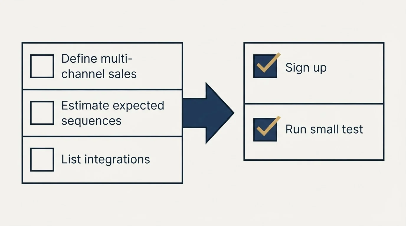 Before-and-after steps: Getting Started Checklist (Define multi-channel sales, Estimate expected sequences, List integrations, Sign up)