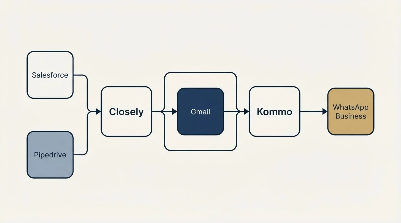 Integration schematic: Integration Ecosystem (Closely, Kommo, Gmail, Salesforce)