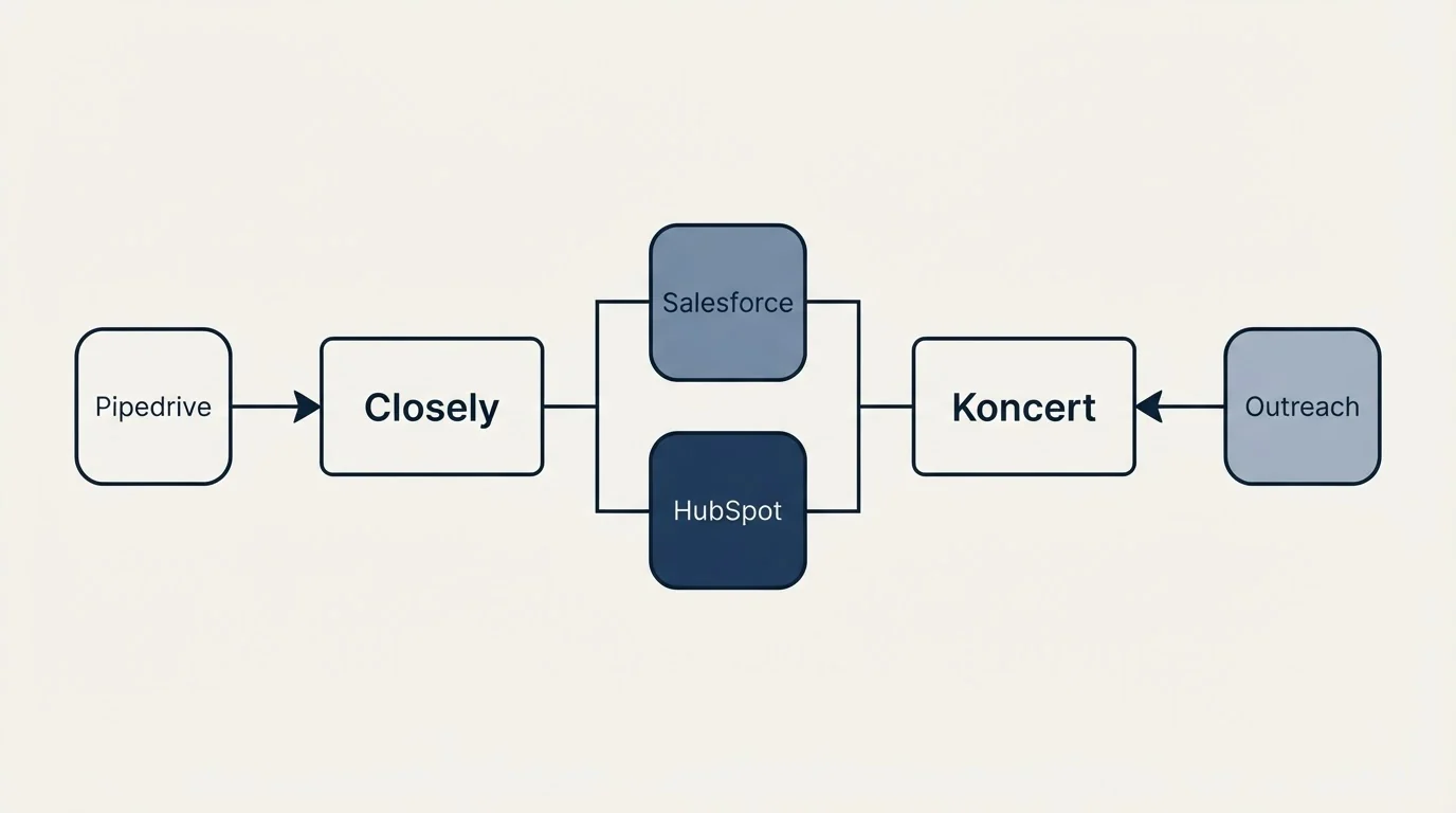 Integration flow: Integration Ecosystem (Closely, Koncert, Salesforce, HubSpot)