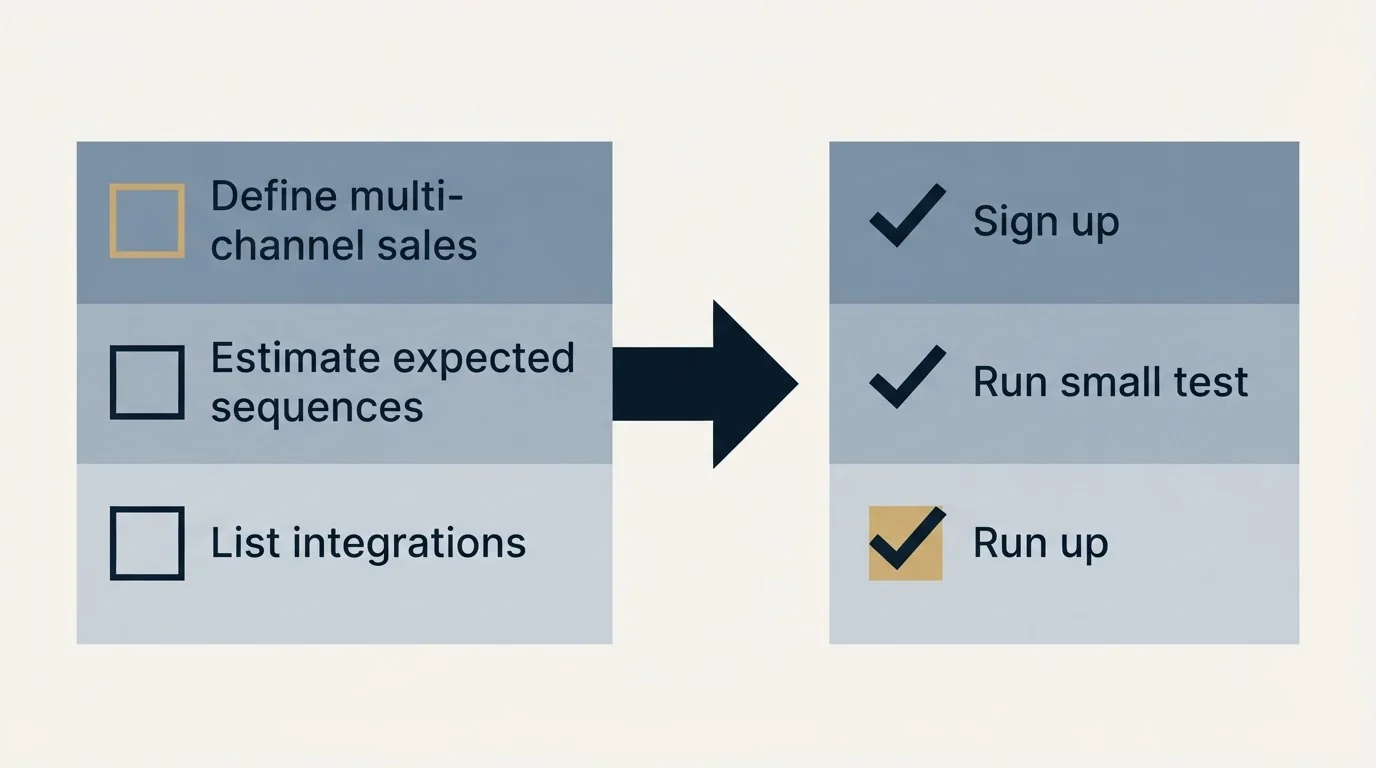 Before-and-after steps: Getting Started Checklist (Define multi-channel sales, Estimate expected sequences, List integrations, Sign up)