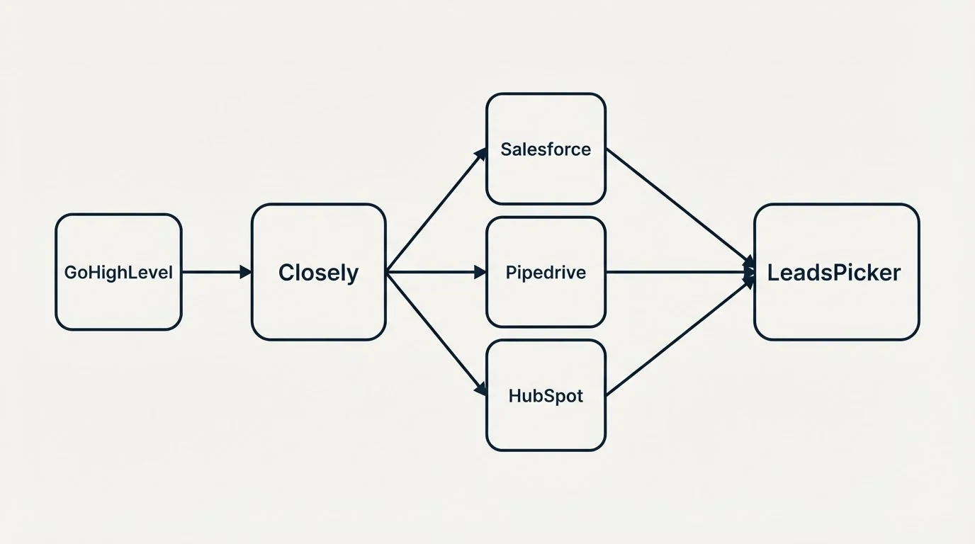 Integration schematic: Integration Ecosystem (Closely, LeadsPicker, Salesforce, Pipedrive)