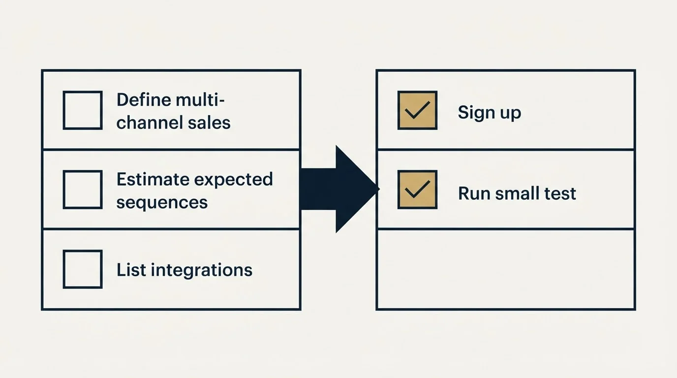Before-and-after steps: Getting Started Checklist (Define multi-channel sales, Estimate expected sequences, List integrations, Sign up)
