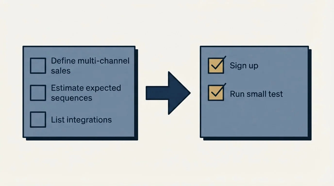 Before-and-after steps: Getting Started Checklist (Define multi-channel sales, Estimate expected sequences, List integrations, Sign up)