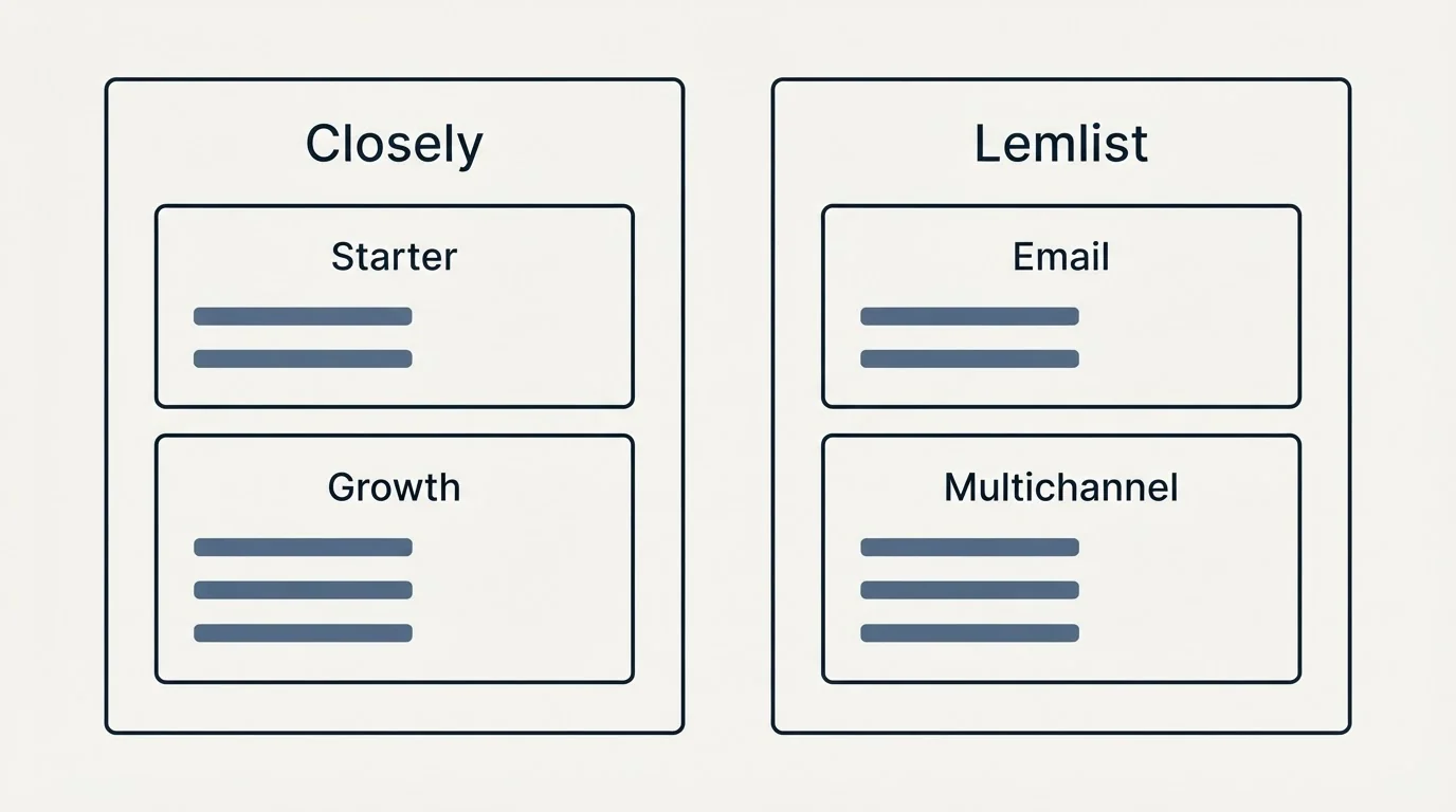 Pricing panels: Pricing Comparison (Closely, Lemlist, Starter, Email)