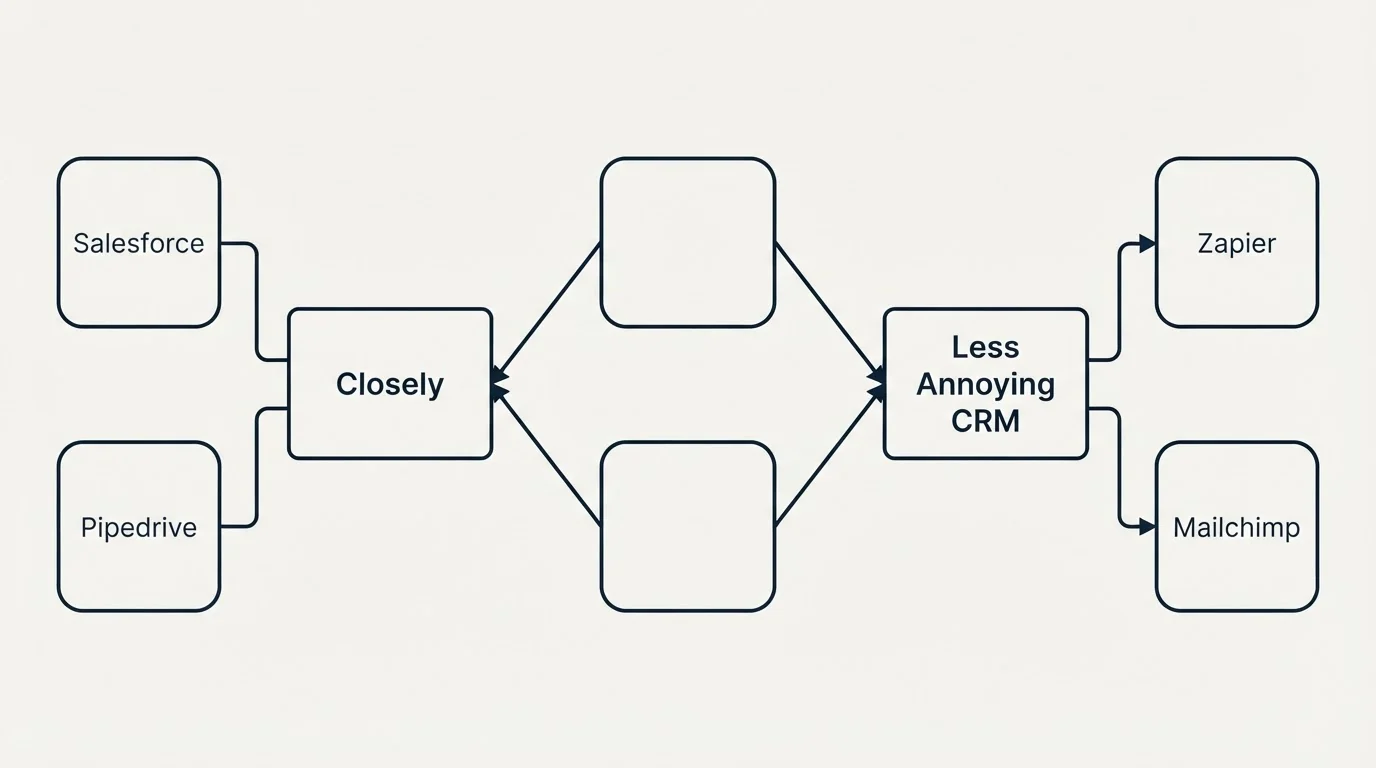 Integration schematic: Integration Ecosystem (Closely, Less Annoying CRM, Salesforce, Zapier)