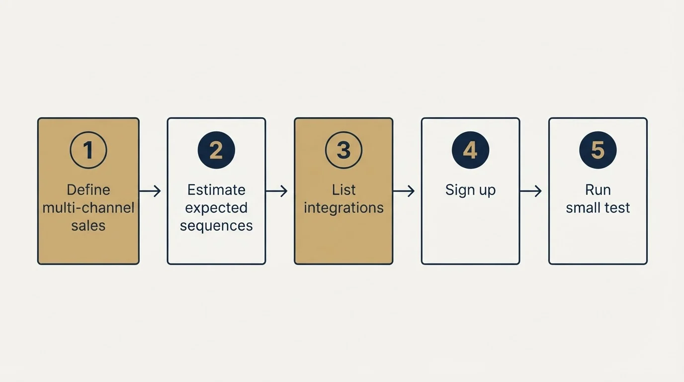 Step sequence: Getting Started Checklist (Define multi-channel sales, Estimate expected sequences, List integrations, Sign up)
